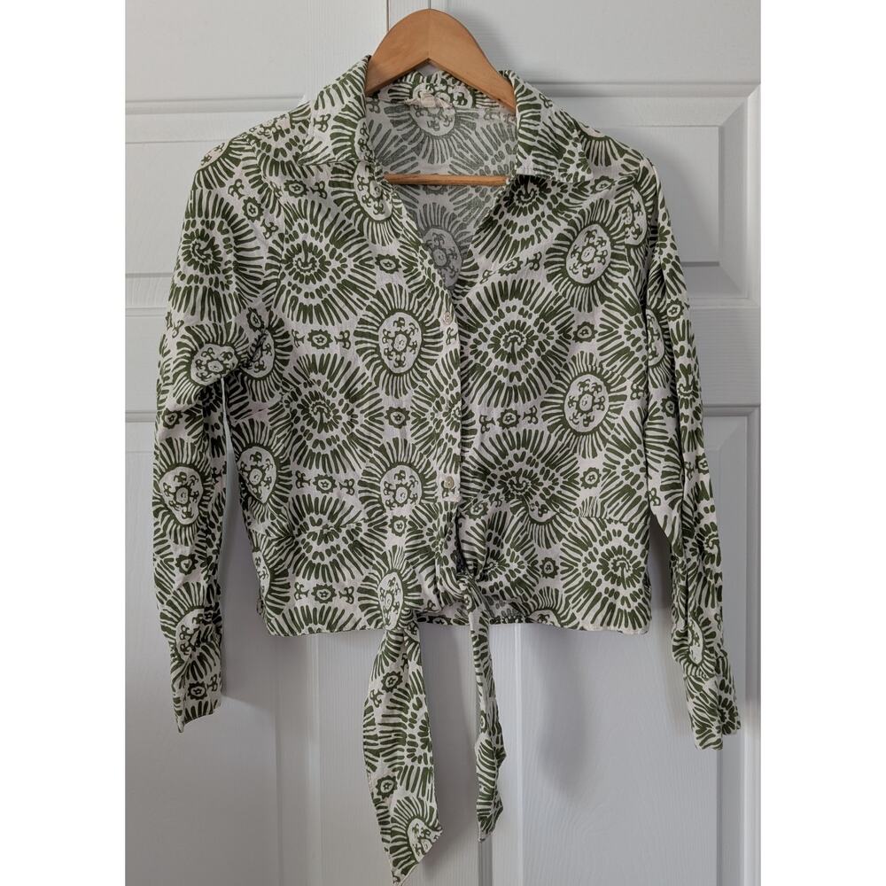 Haute Hippie Green Sunburst Tie Front Linen Blend Blouse
